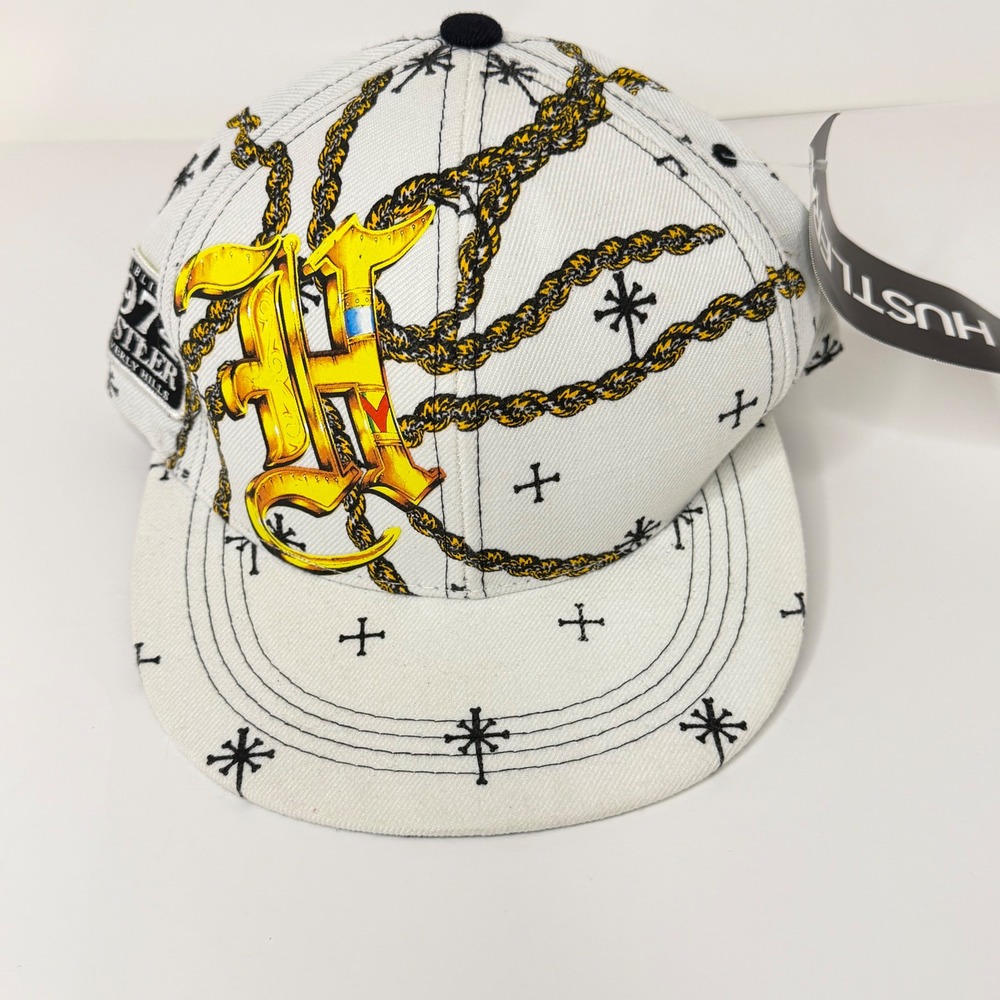 Hustler Beverly Hills Snapback White Gold Chain Graphic Hardcore Since 74 NWT